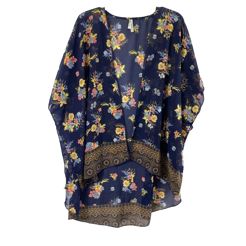 Womens Sheer Duster Womens M Navy Blue Floral Open Front Flowy Boho Festival